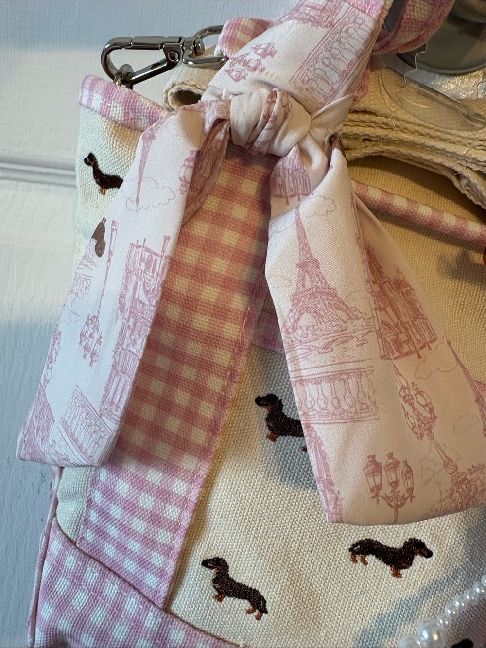 Madden Girl Pink Gingham Dachshund Crossbody Bag with Plush Charm - Picture 3 of 6